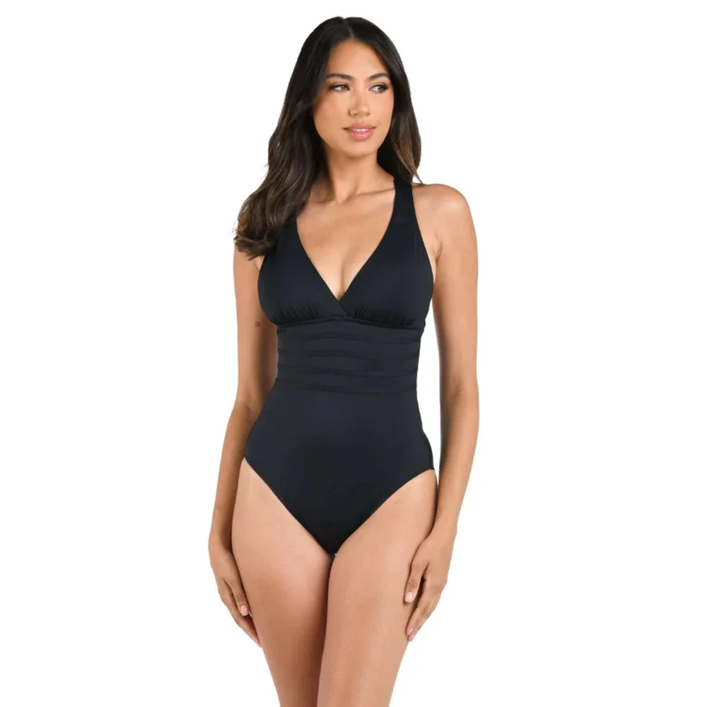La Blanca Women Black Island Goddess Cross Back One Piece Swimsuit Size US 10